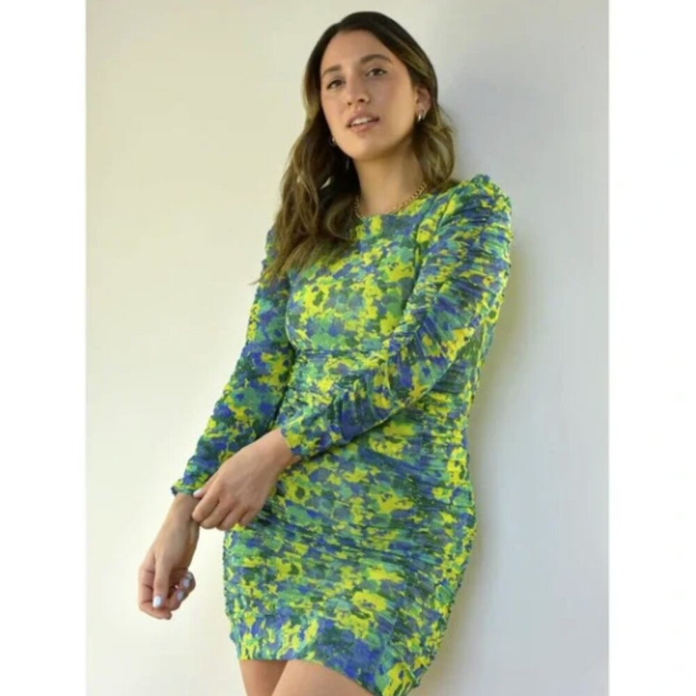 GANNI Sulphur Spring Neon Green Floral Mesh Long Sleeve Ruched Mini Dress